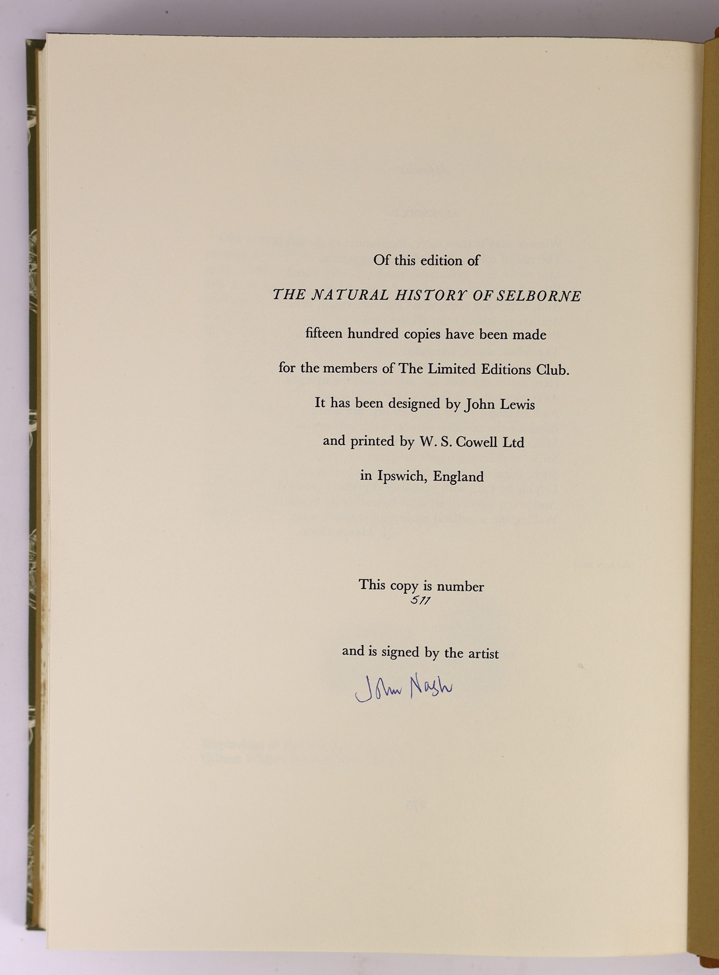 White, Gilbert - The Natural History of Selborne. Limited edition, one of 1500. Signed by John Nash. Complete with 16 coloured plates and 15 text illustrations. Quarter calf and patterned paper with gilt letters on spine